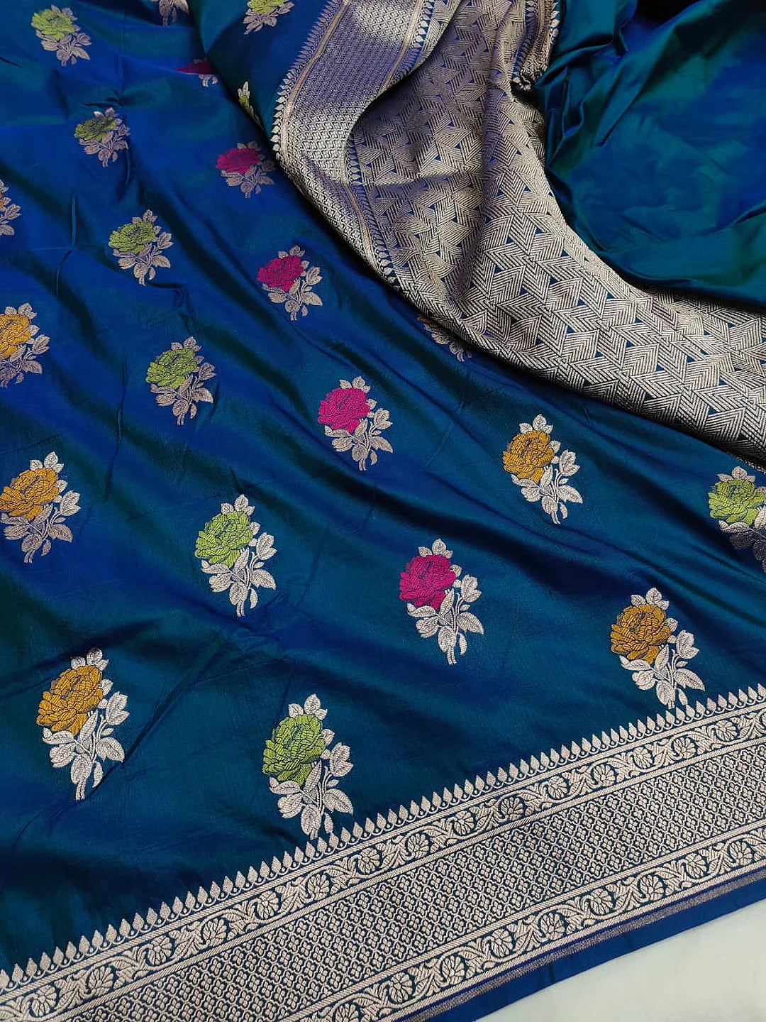 Peacock Garden Pure Katan Silk Banarasi Saree in Teal Blue
