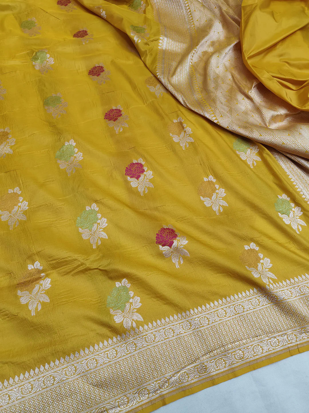 Pure Katan Silk Banarasi Saree | Mustard Yellow Multicolour Meenakari Floral Buti | Gold Zari Weave | KATAN BANARAS