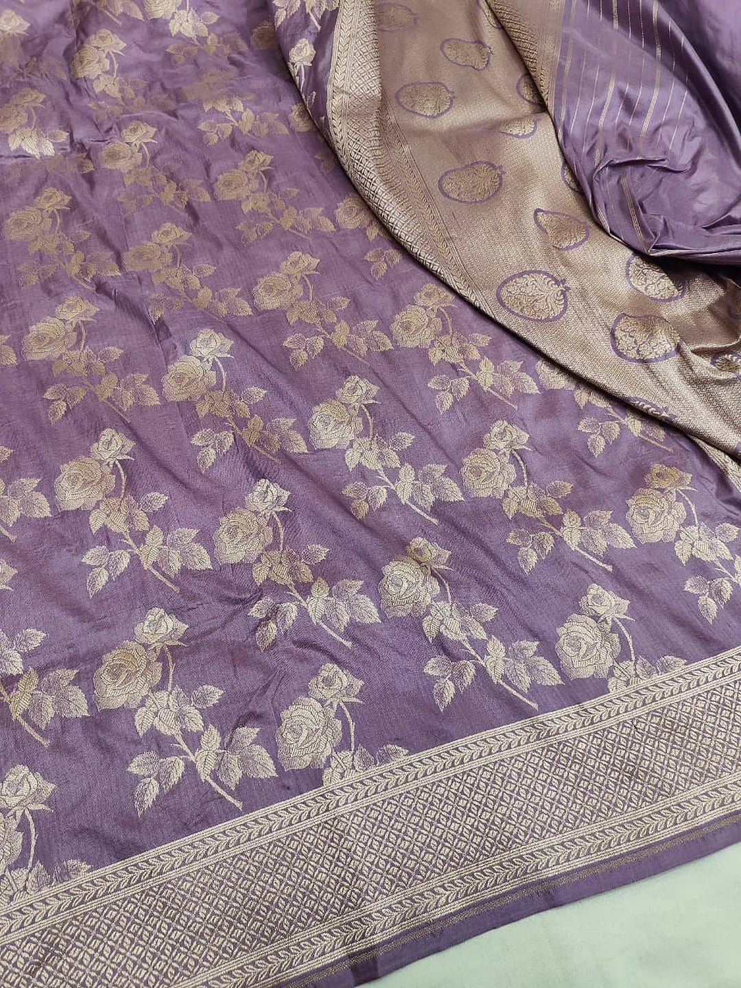 Rose Vines — Pure Katan Silk Banarasi Saree in Mauve