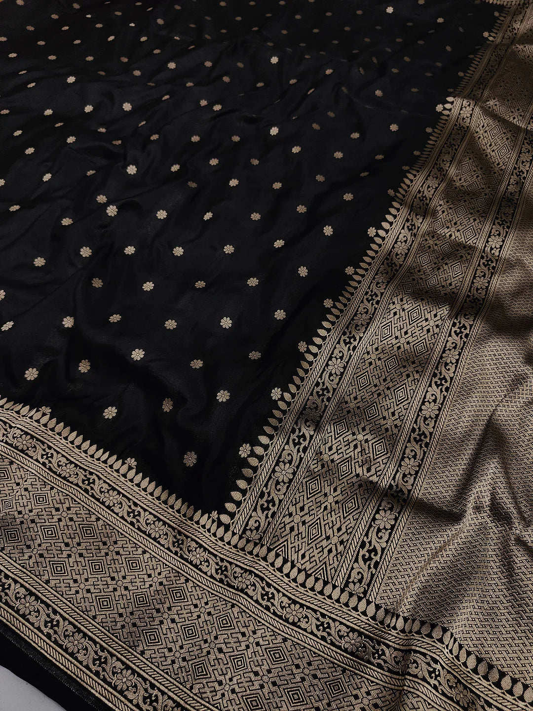 Pure Katan Silk Banarasi Saree | Jet Black Floral Buti | Antique Gold Zari Weave | KATAN BANARAS