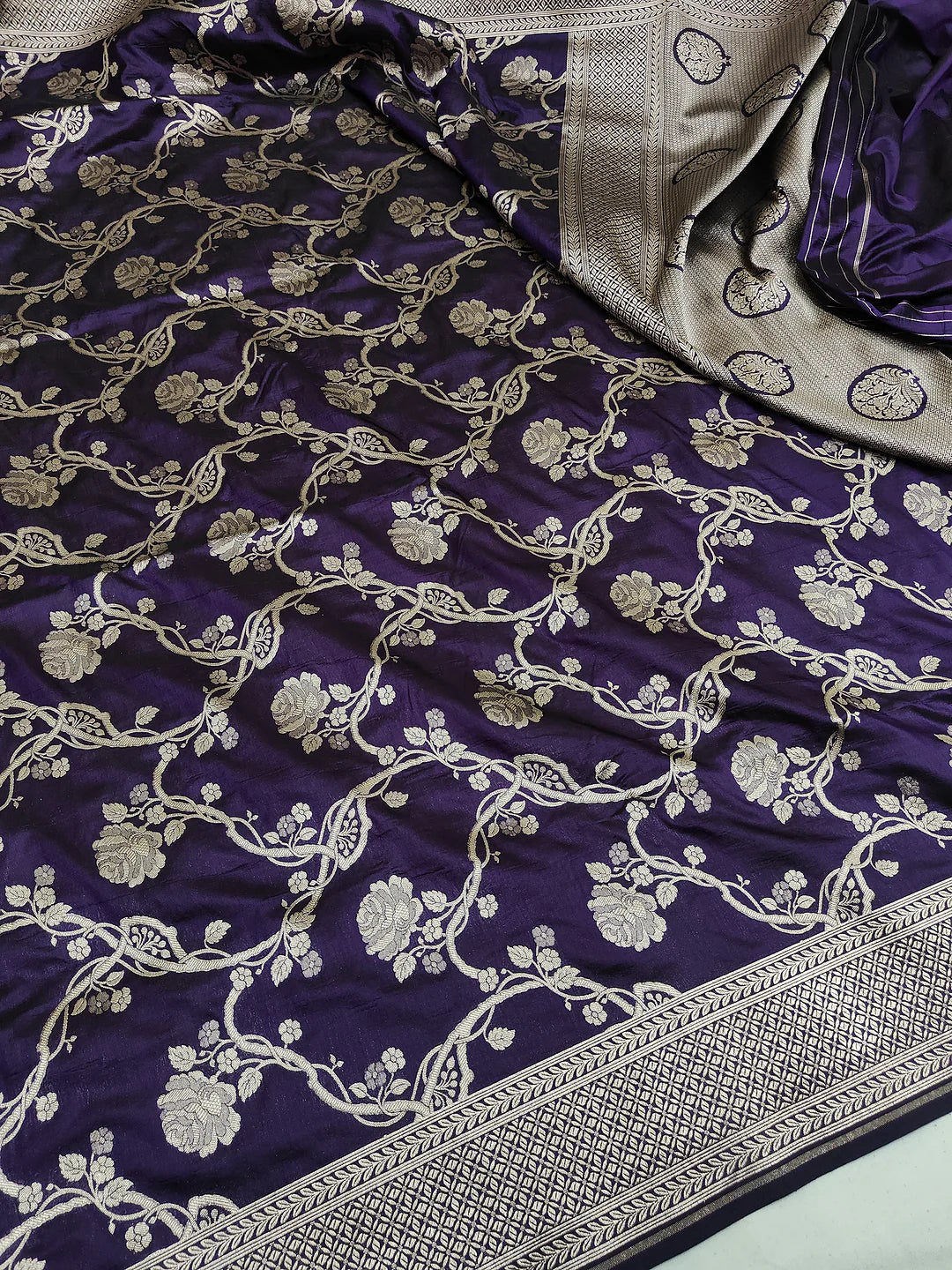 Pure Katan Silk Banarasi Saree | Royal Purple Jangla Rose Vine Jaal | Antique Silver Zari Weave | GI Tagged | Silk Mark Certified | KATAN BANARAS