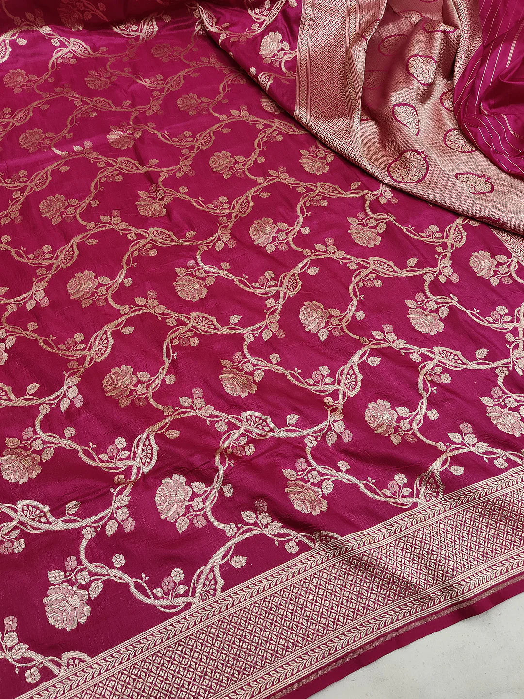 Pure Katan Silk Banarasi Saree | Magenta Jangla Rose Vine Jaal | Antique Gold Zari Weave | KATAN BANARAS