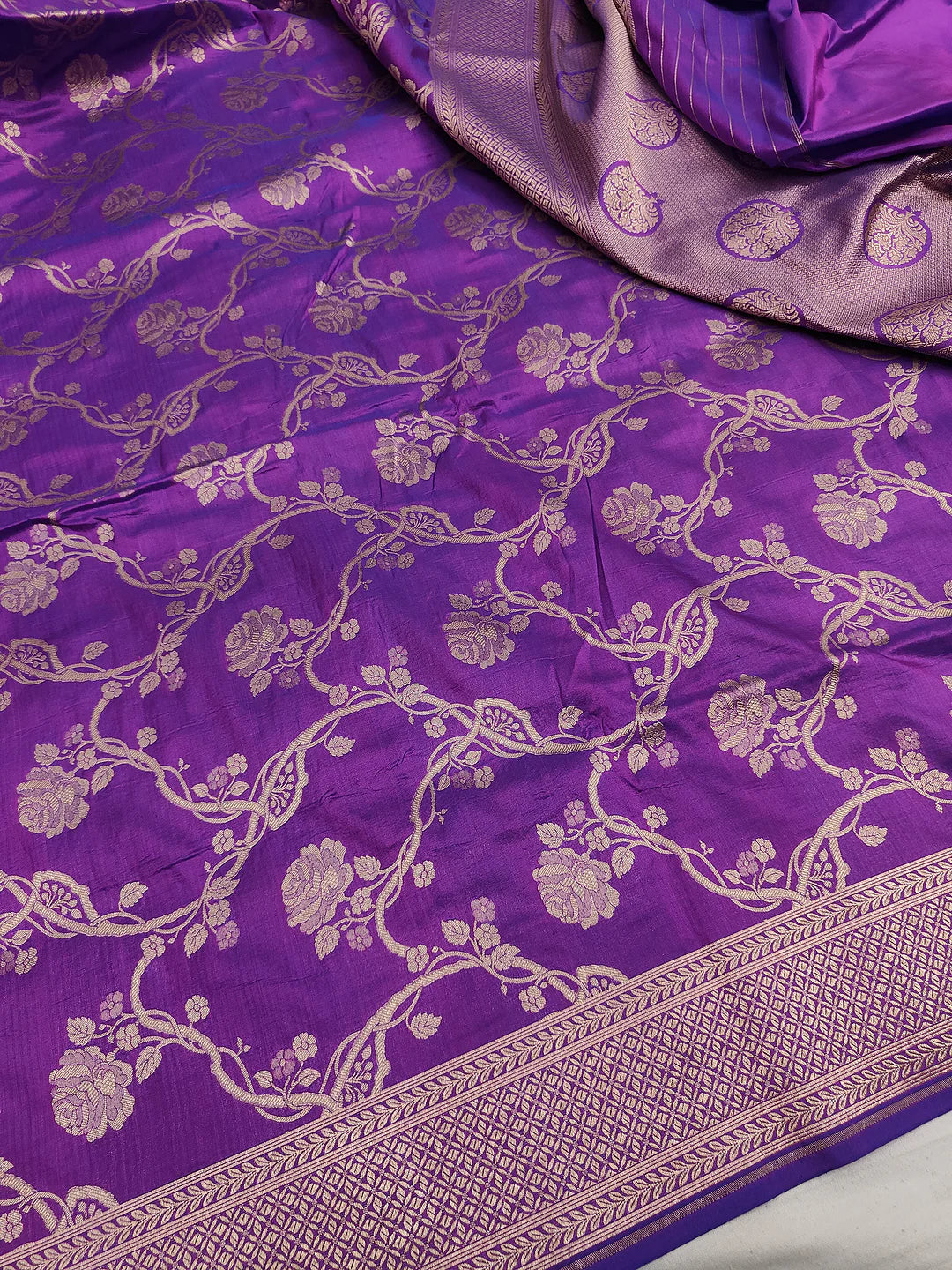 Royal Purple Pure Katan Silk Banarasi Saree with Gold Zari Rose Jaal & brocade Zari Border