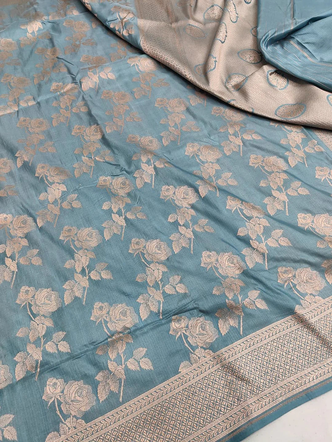 Pure Katan Silk Banarasi Saree | Powder Blue Rose Stem Jaal | Antique Silver Gold Zari Weave | KATAN BANARAS