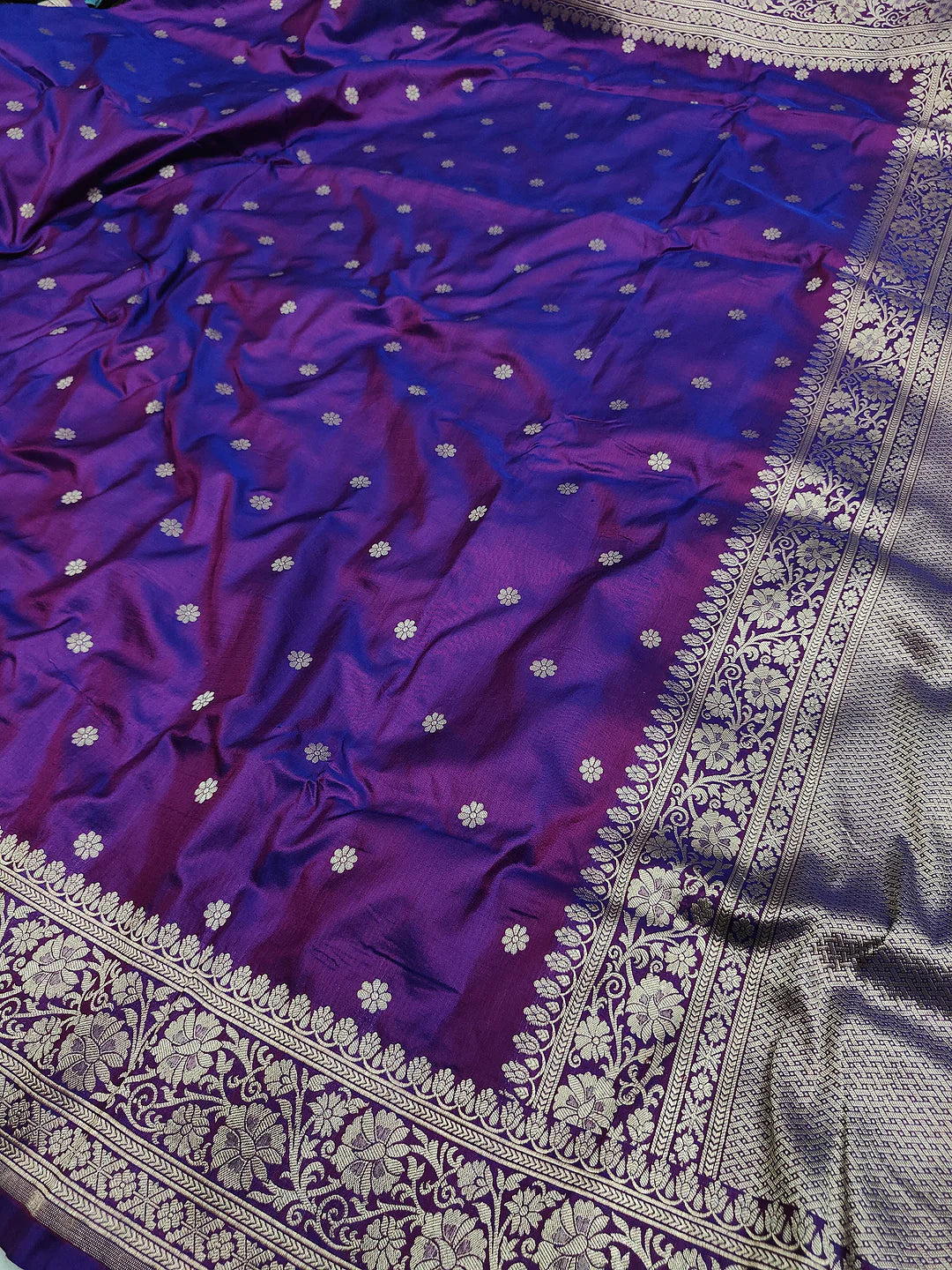 Pure Katan Silk Banarasi Saree | Violet Iridescent Floral Buti | Silver Zari Weave | KATAN BANARAS