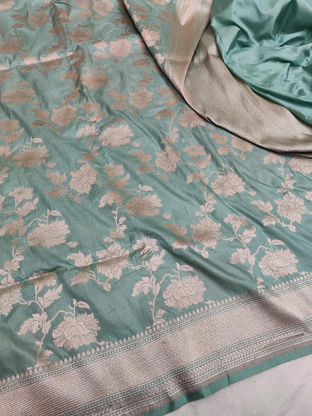 Seafoam Florals — Pure Katan Silk Banarasi Saree in Teal