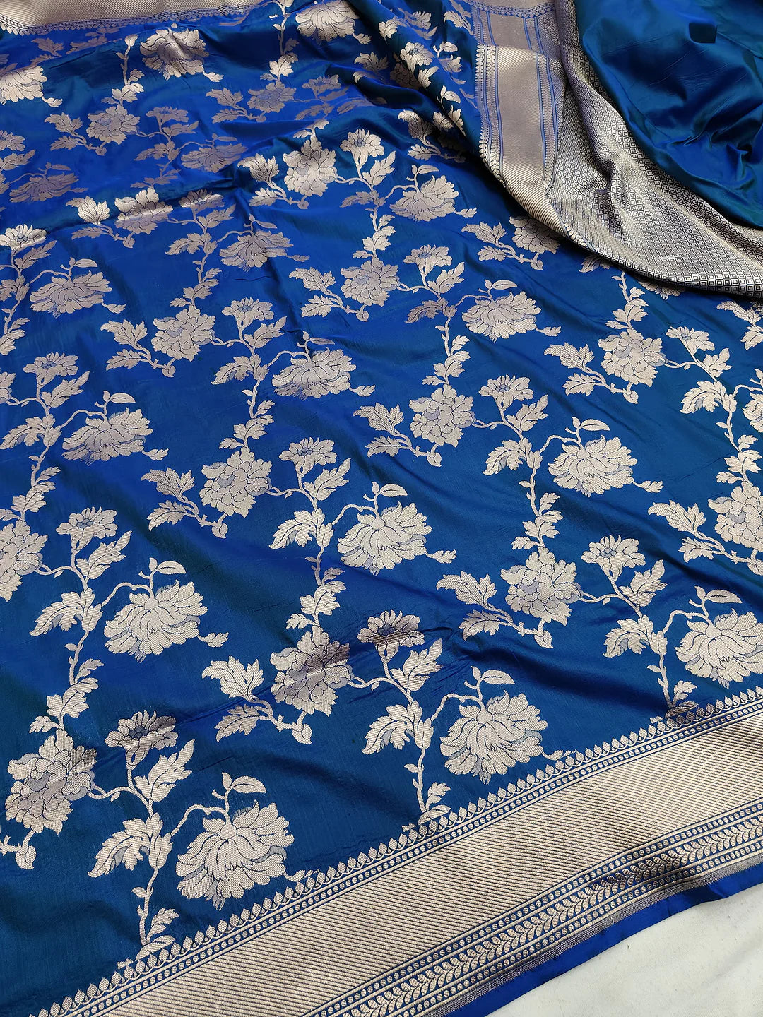 Pure Katan Silk Banarasi Saree | peacock Blue Jangla Chrysanthemum Vine Jaal | Antique Silver Zari Weave | KATAN BANARAS