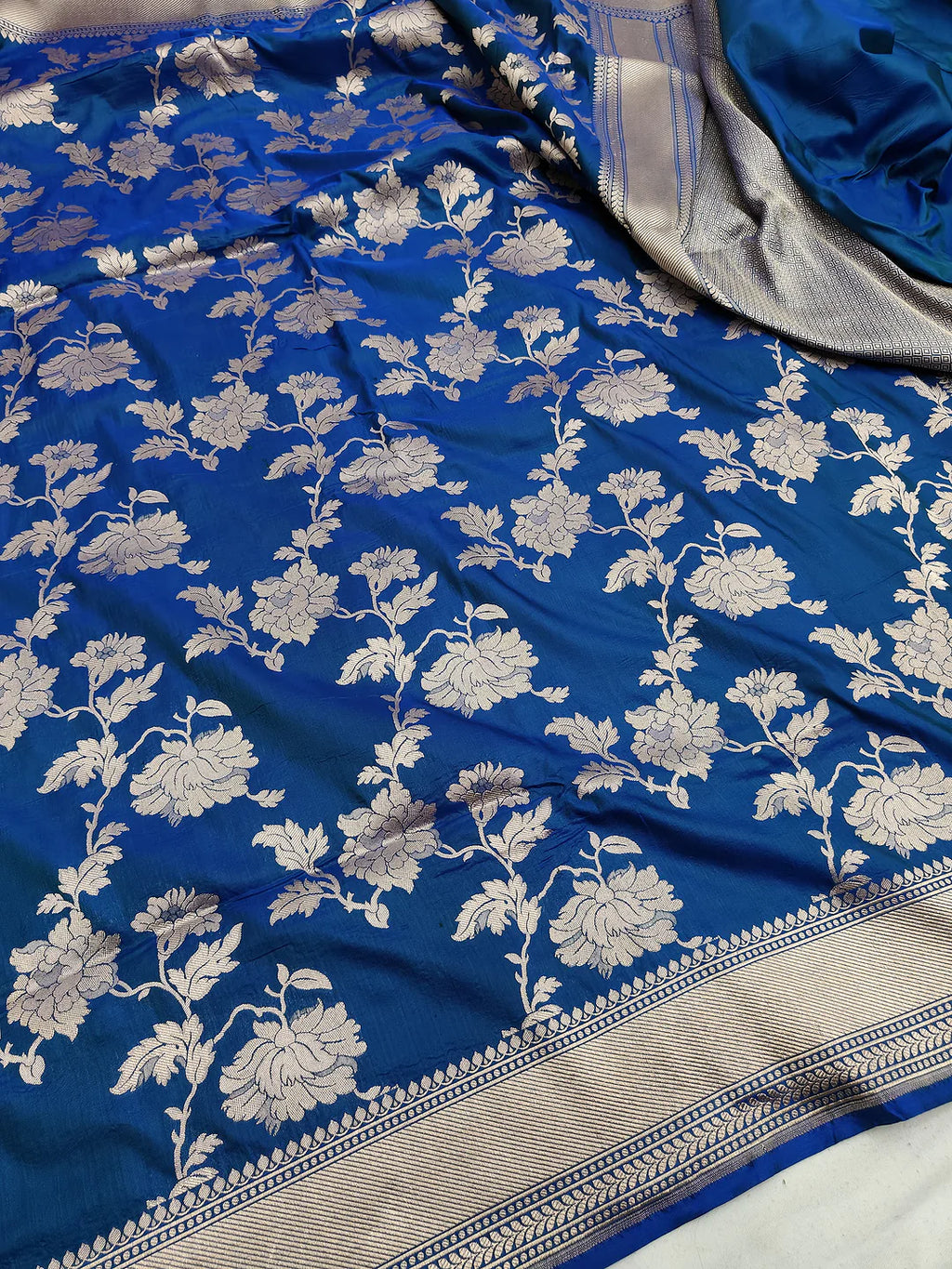 Pure Katan Silk Banarasi Saree | peacock Blue Jangla Chrysanthemum Vine Jaal | Antique Silver Zari Weave | KATAN BANARAS