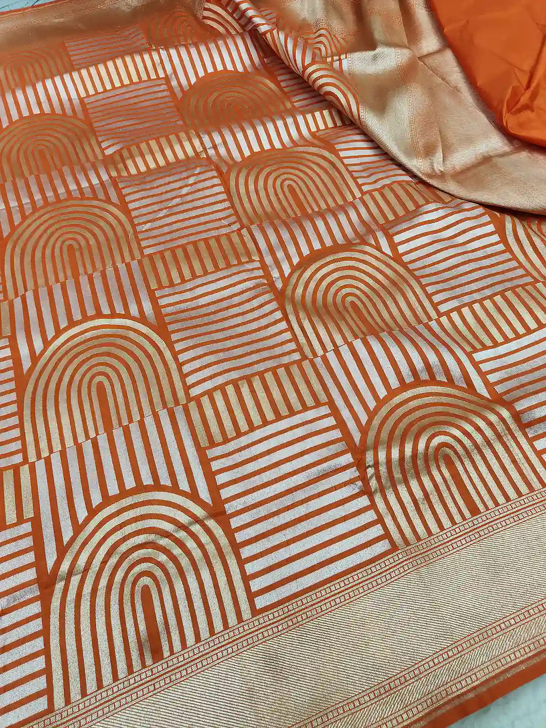 Golden Arches — Pure Katan Silk Banarasi Saree in Burnt Orange