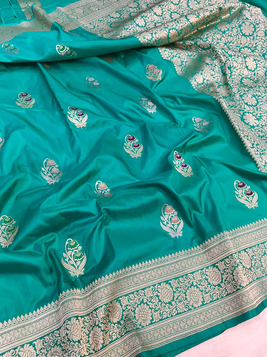 Teal Green Pure Katan Silk Banarasi Handloom Kadhwa Buta Saree with Antique Gold Zari