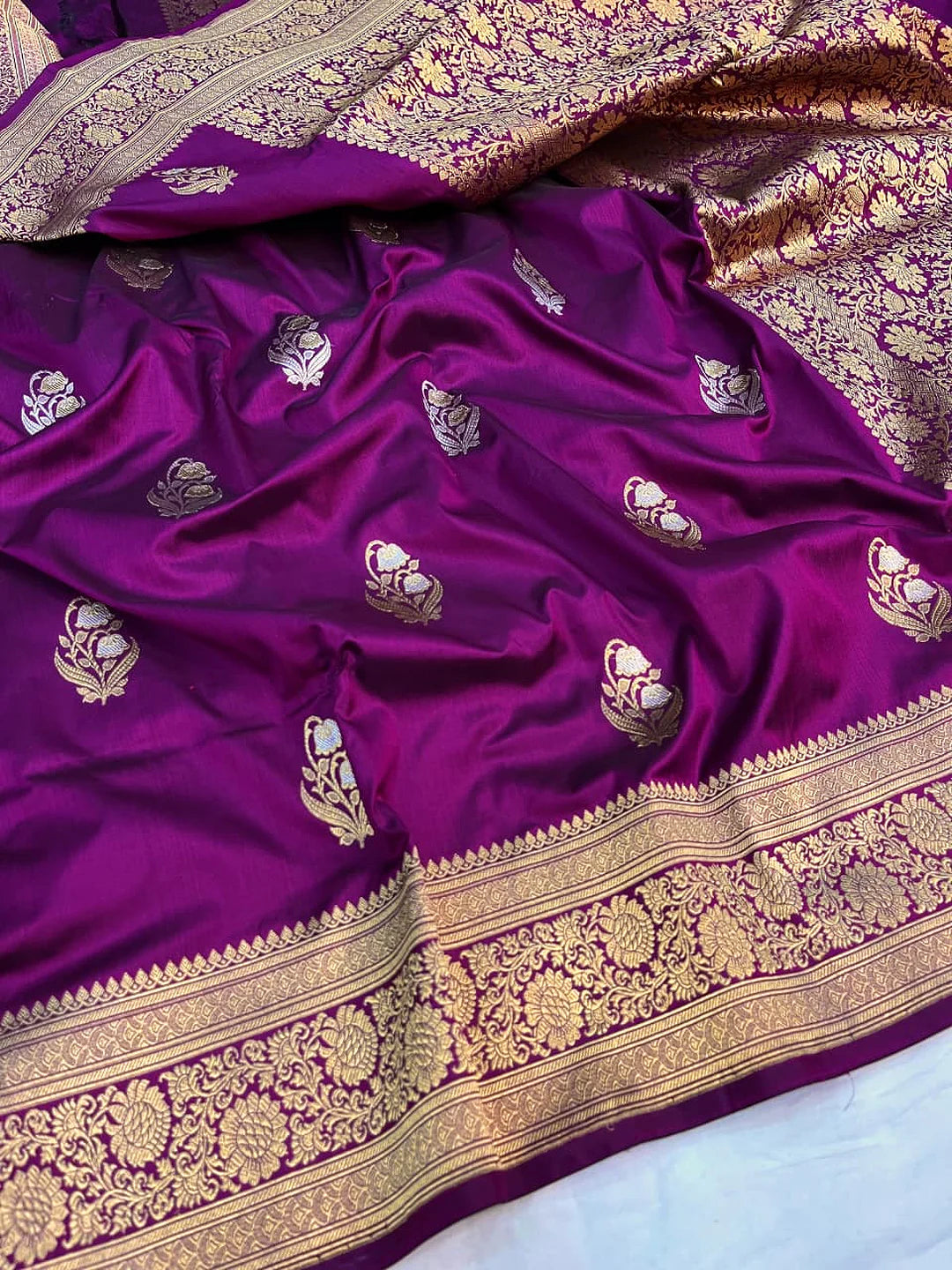 Pure Katan Silk Banarasi Handloom Kadhwa Buta Saree in Royal Purple with Antique Gold Zari