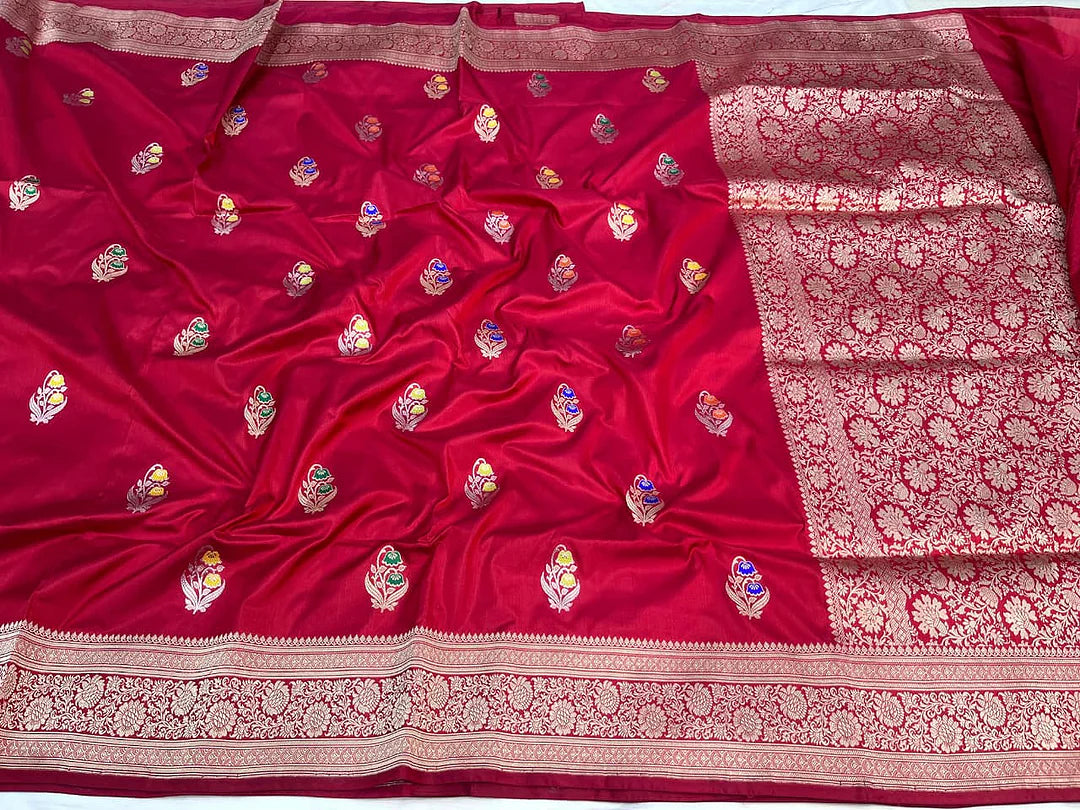 Pure Katan Silk Banarasi Handloom Kadhwa Buta Saree in Deep Red with Antique Gold Zari and Multicolor Meenakari