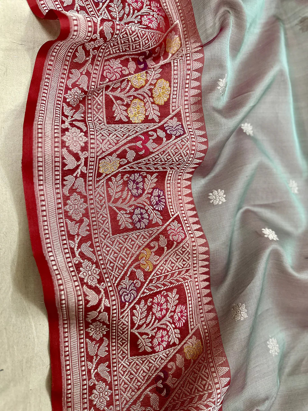 Steel Grey Pure Kora Silk Kadhwa Buta Handloom Banarasi Saree with Zari Border