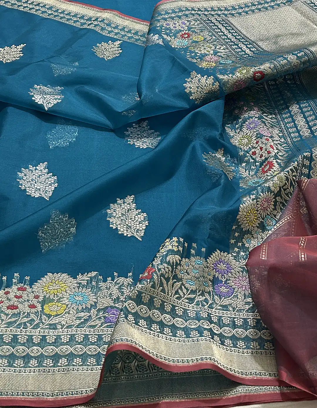 Ocean Bouquet — Pure Kora Silk Banarasi Saree in Teal Blue