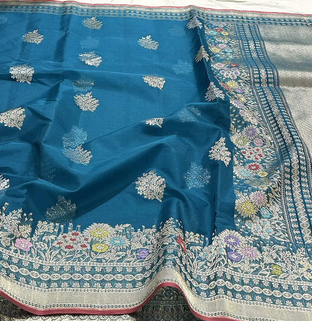 Ocean Bouquet — Pure Kora Silk Banarasi Saree in Teal Blue