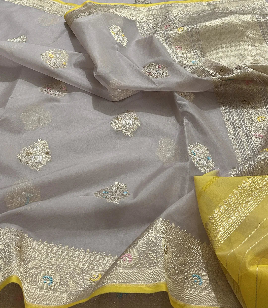 Pearl Meadow — Pure Kora Silk Banarasi Saree in Pearl Grey