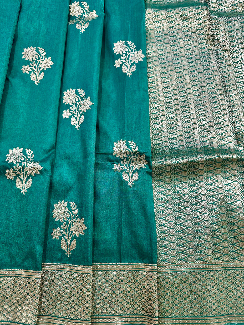 Teal Green Pure Katan Silk Banarasi Kadhwa Buta Handloom Ektara Weaved Saree
