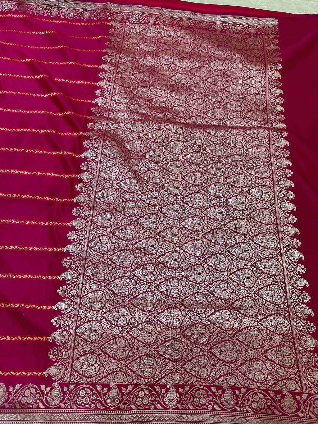 Magenta Mashru Silk Stripe Design Zari Border Brocade Aanchal Saree
