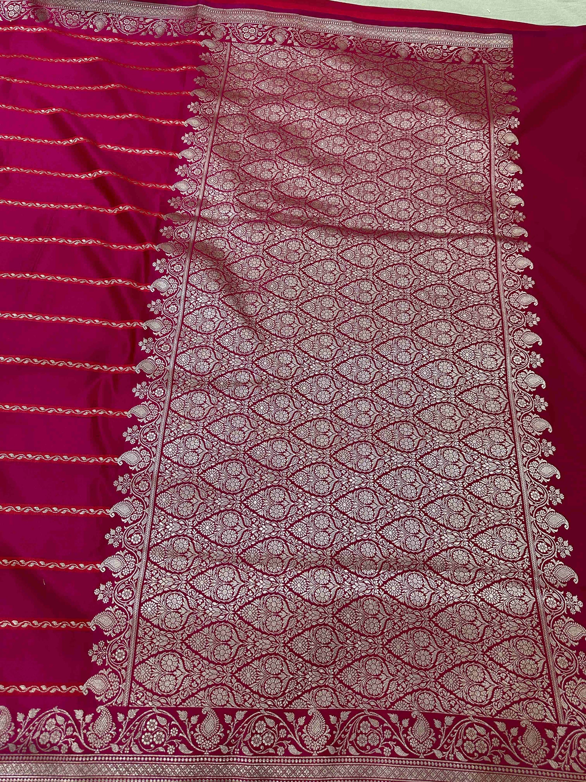 Magenta Mashru Silk Stripe Design Zari Border Brocade Aanchal Saree