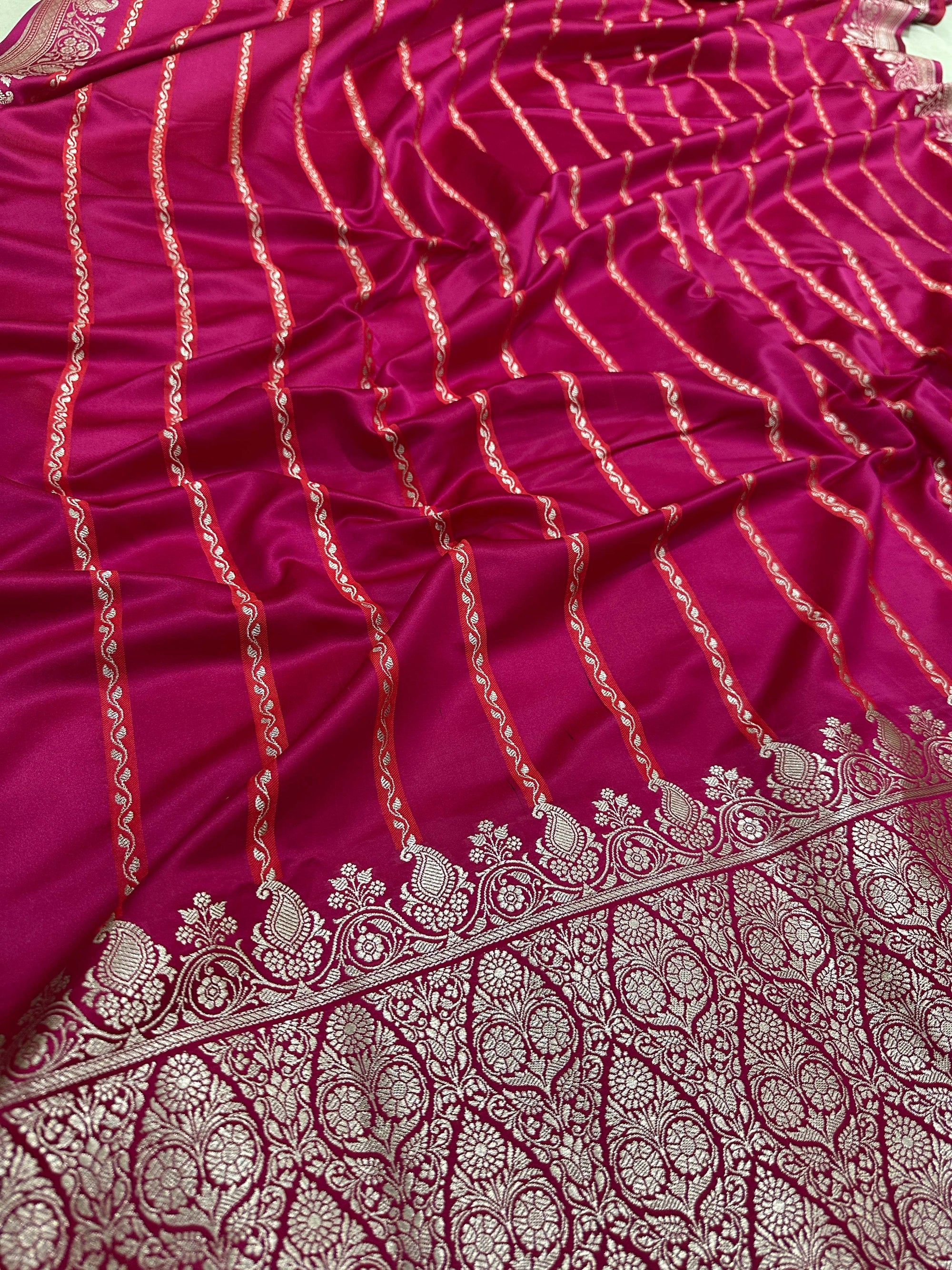 Magenta Mashru Silk Stripe Design Zari Border Brocade Aanchal Saree