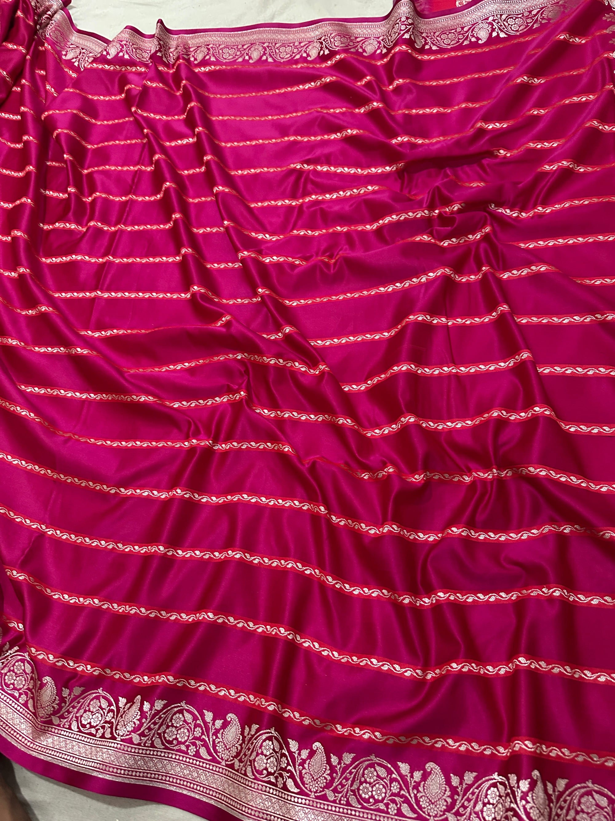 Magenta Mashru Silk Stripe Design Zari Border Brocade Aanchal Saree