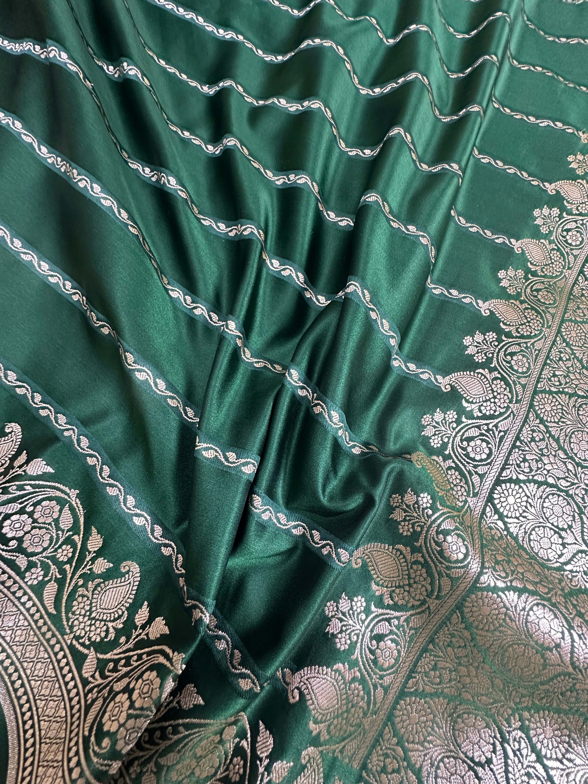 Bottle Green Mashru Silk Stripe Design Zari Border Brocade Aanchal Saree