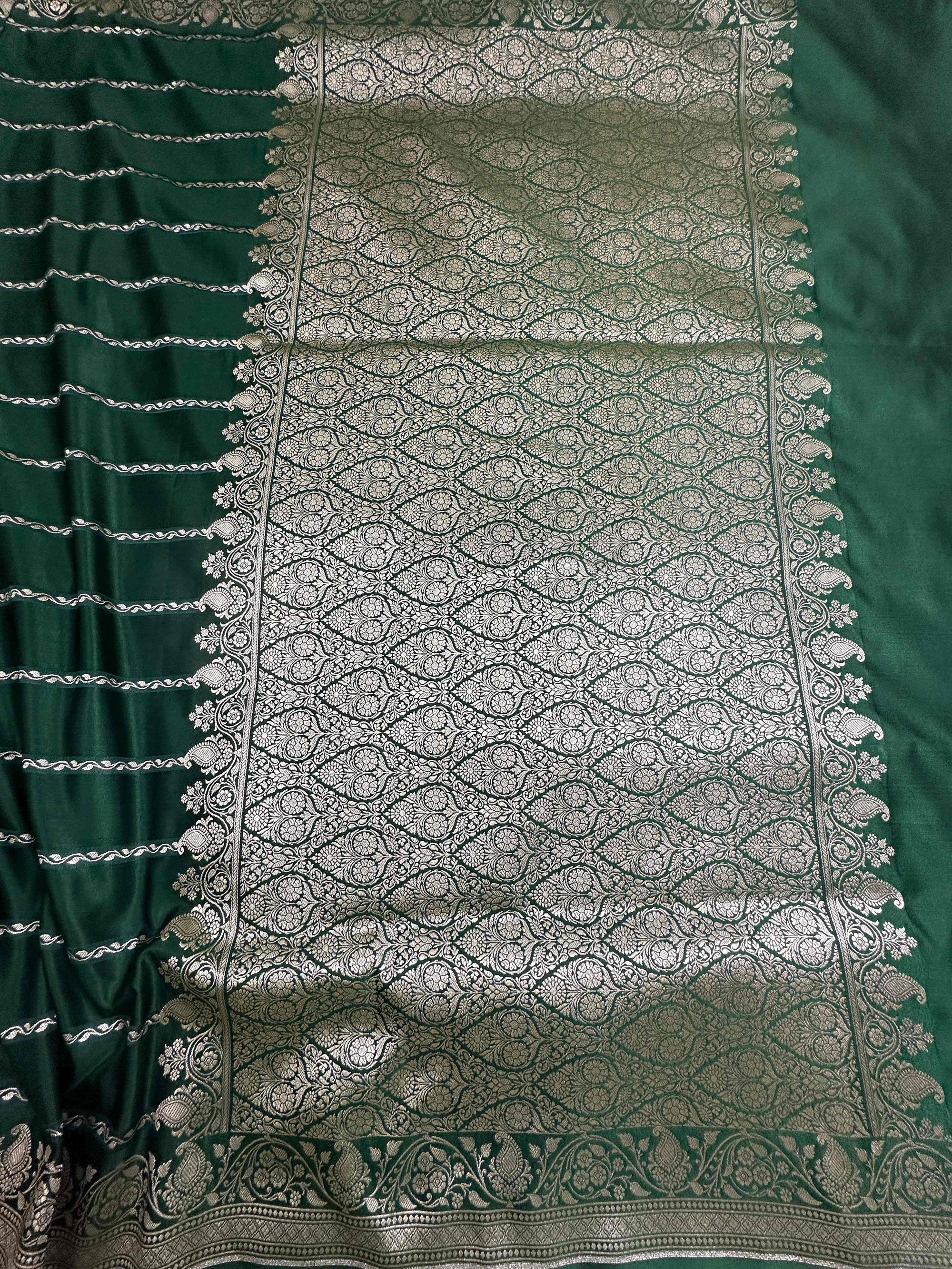 Bottle Green Mashru Silk Stripe Design Zari Border Brocade Aanchal Saree