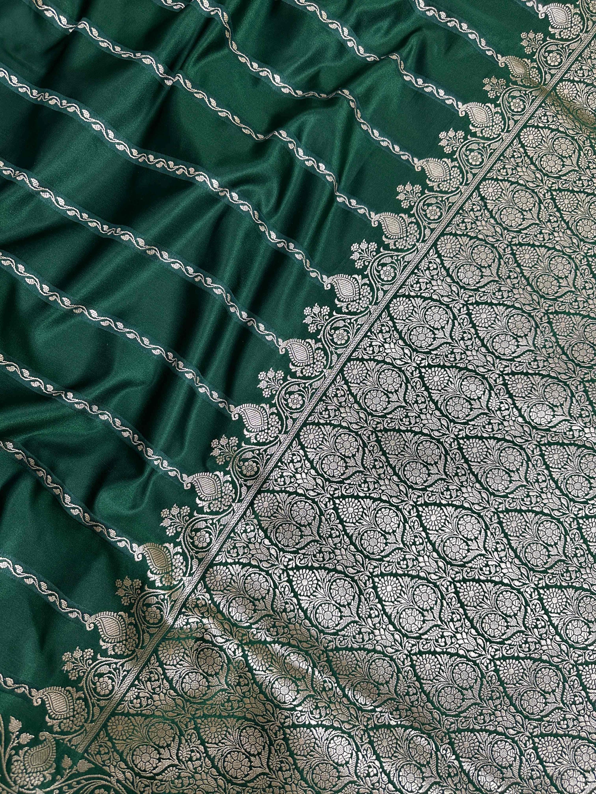Bottle Green Mashru Silk Stripe Design Zari Border Brocade Aanchal Saree