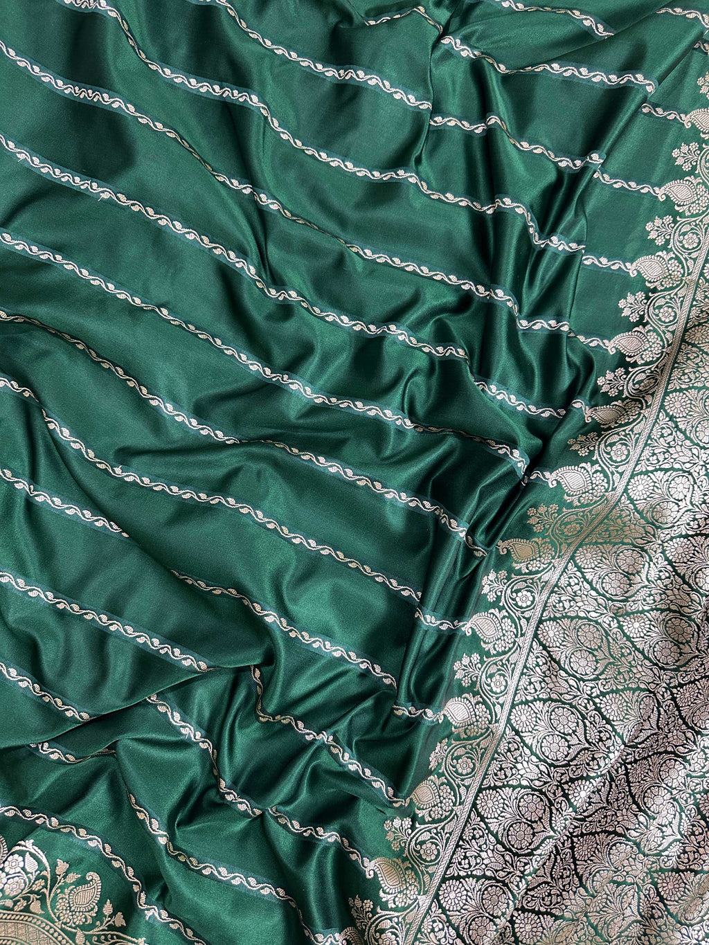 Bottle Green Mashru Silk Stripe Design Zari Border Brocade Aanchal Saree