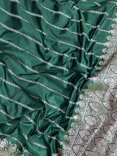 Bottle Green Mashru Silk Stripe Design Zari Border Brocade Aanchal Saree