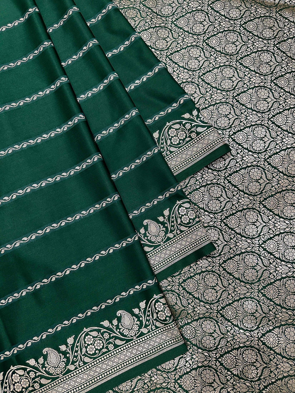 Bottle Green Mashru Silk Stripe Design Zari Border Brocade Aanchal Saree