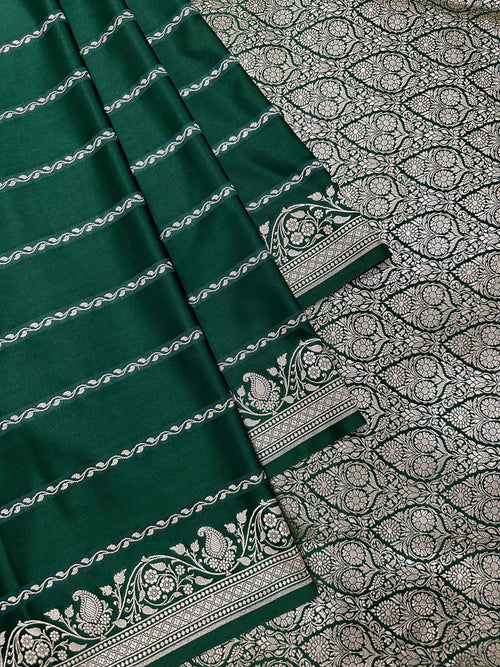 Bottle Green Mashru Silk Stripe Design Zari Border Brocade Aanchal Saree