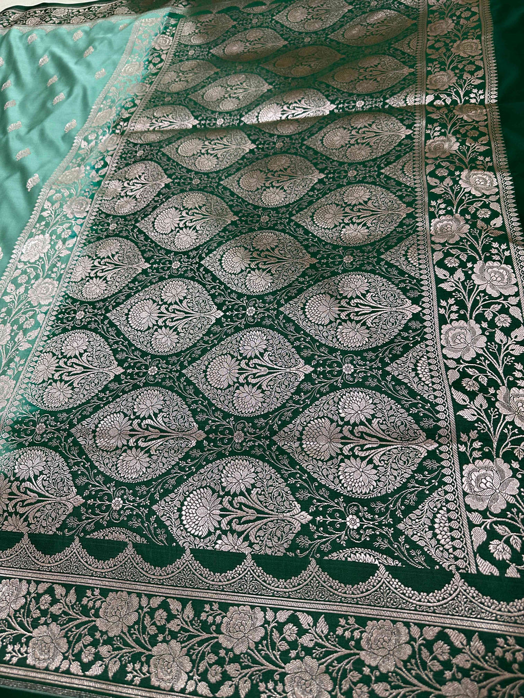 Firozi & Green Contrast Mashru Silk Banarasi Zari Border Brocade Aanchal Saree