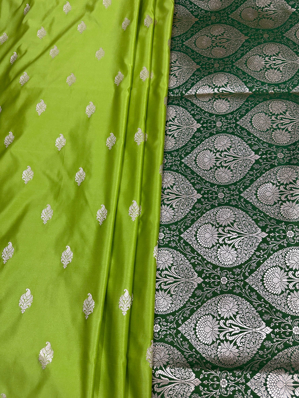 Mehndi & Green Contrast Mashru Silk Banarasi Zari Border Brocade Aanchal Saree