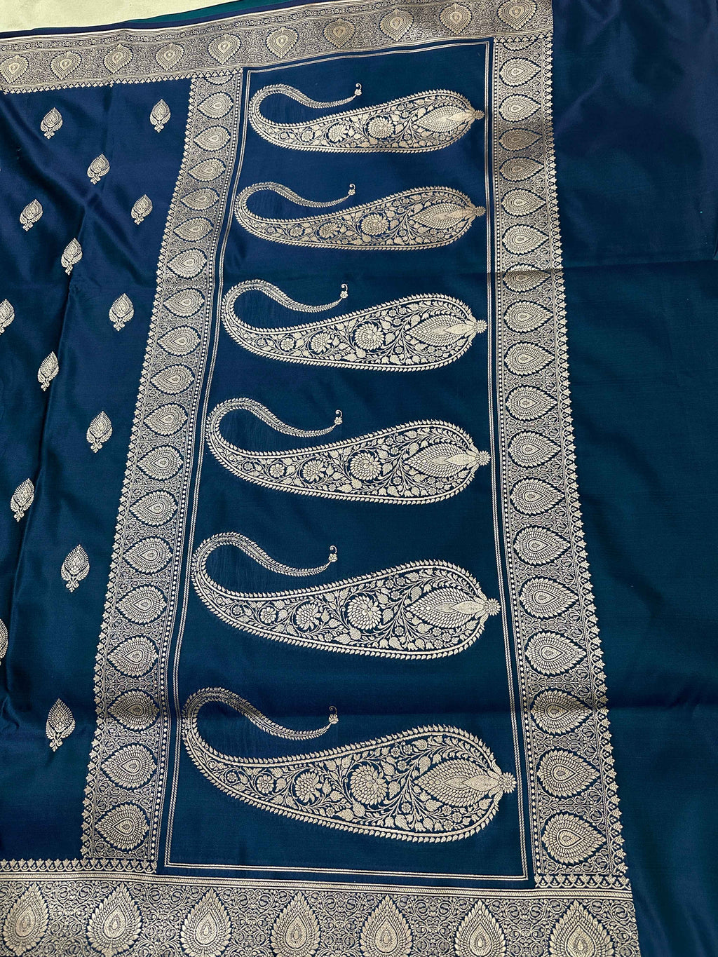 Royal Peach Blue Mashru Silk Banarasi Zari Border Carry Aanchal Booti Saree
