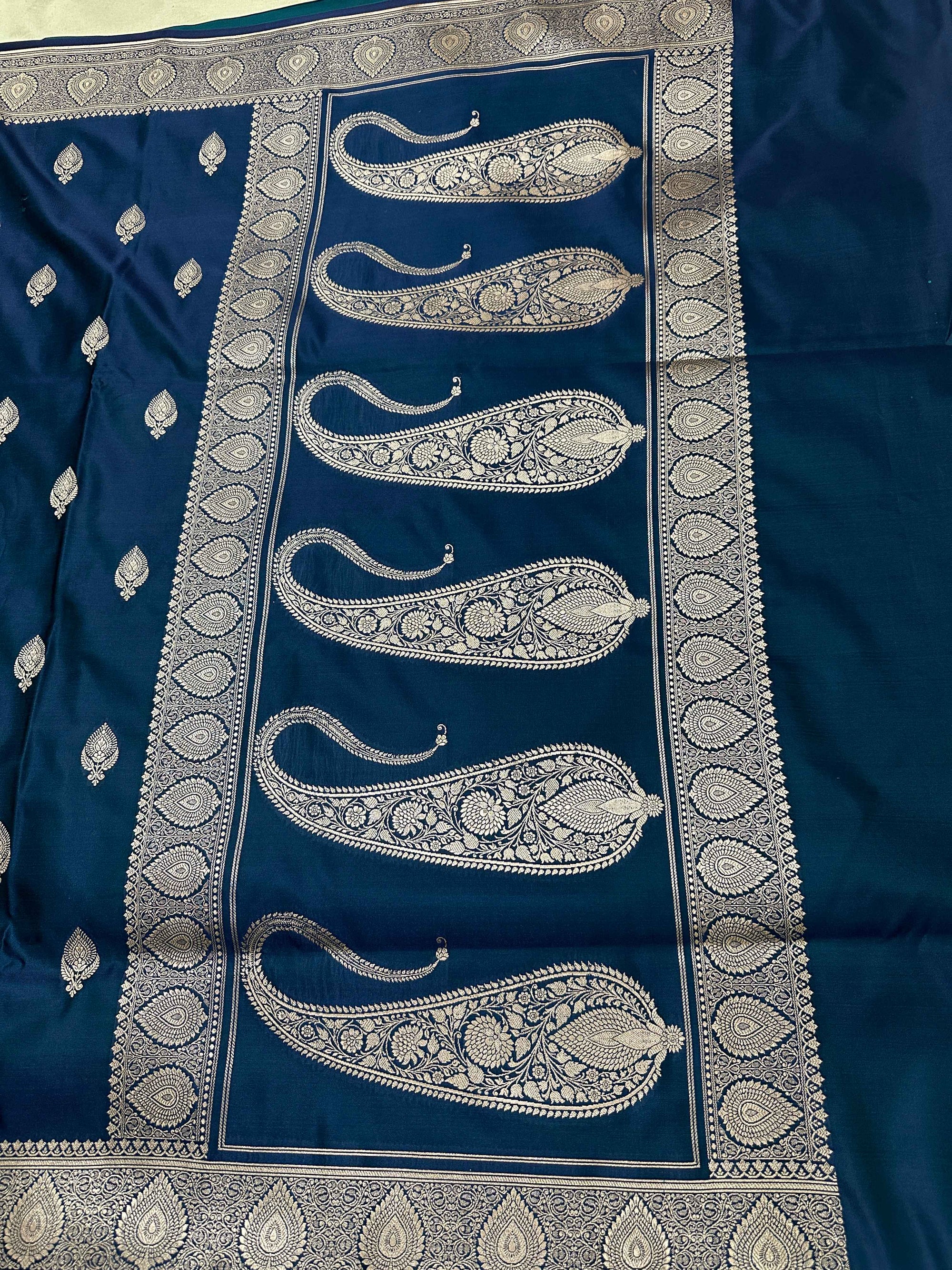 Royal Peach Blue Mashru Silk Banarasi Zari Border Carry Aanchal Booti Saree