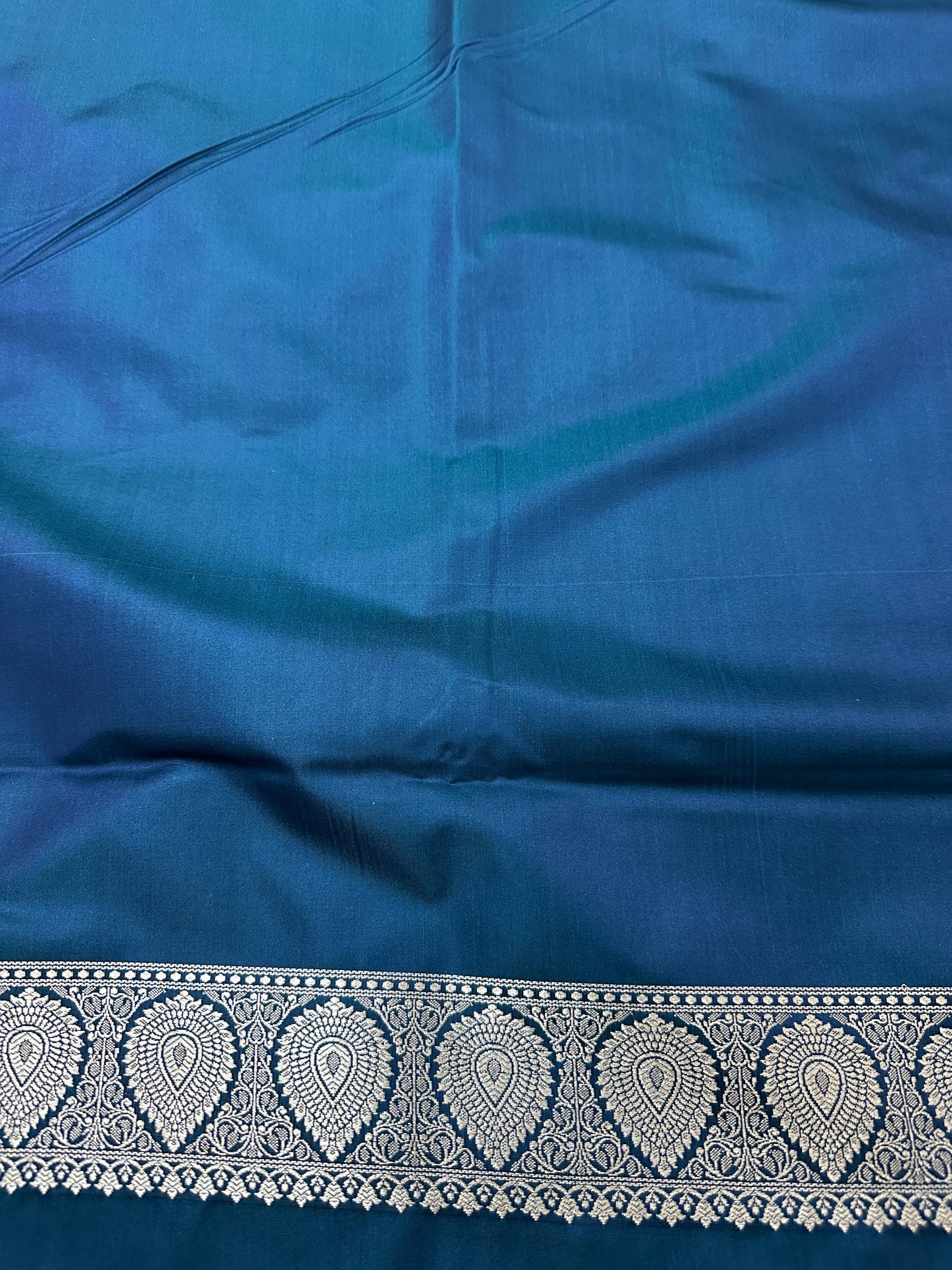 Royal Peach Blue Mashru Silk Banarasi Zari Border Carry Aanchal Booti Saree