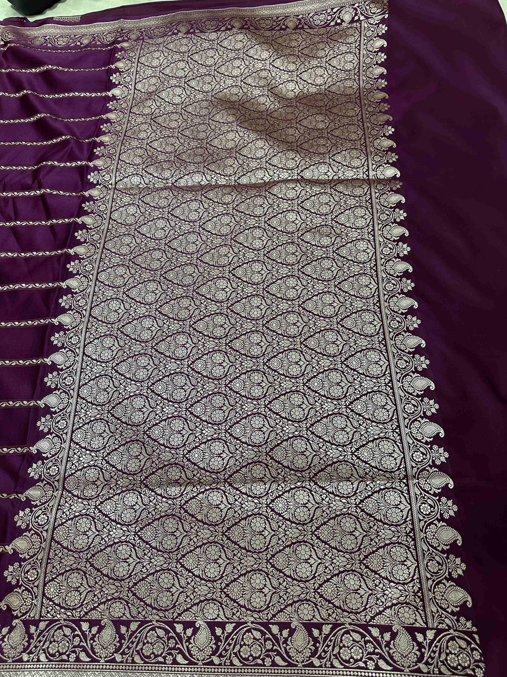 Purple Mashru Silk Stripe Design Zari Border Brocade Aanchal Saree