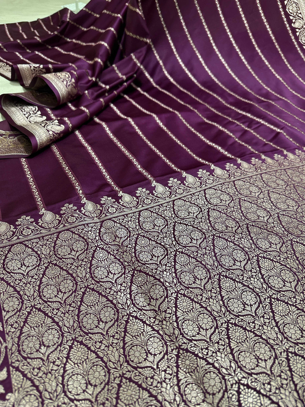Purple Mashru Silk Stripe Design Zari Border Brocade Aanchal Saree