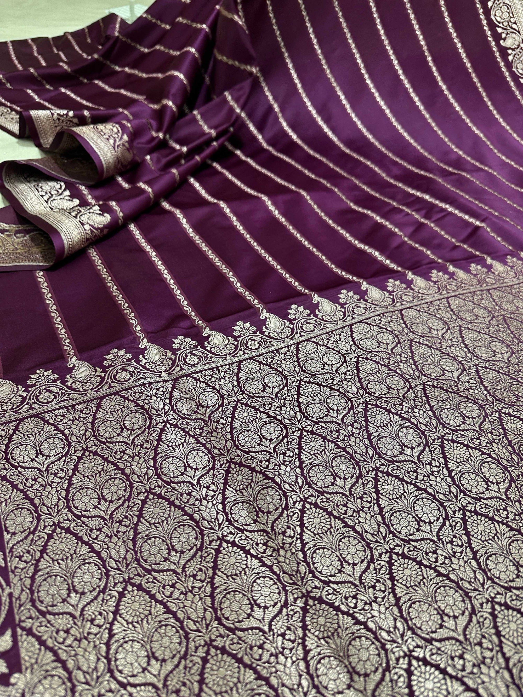 Purple Mashru Silk Stripe Design Zari Border Brocade Aanchal Saree