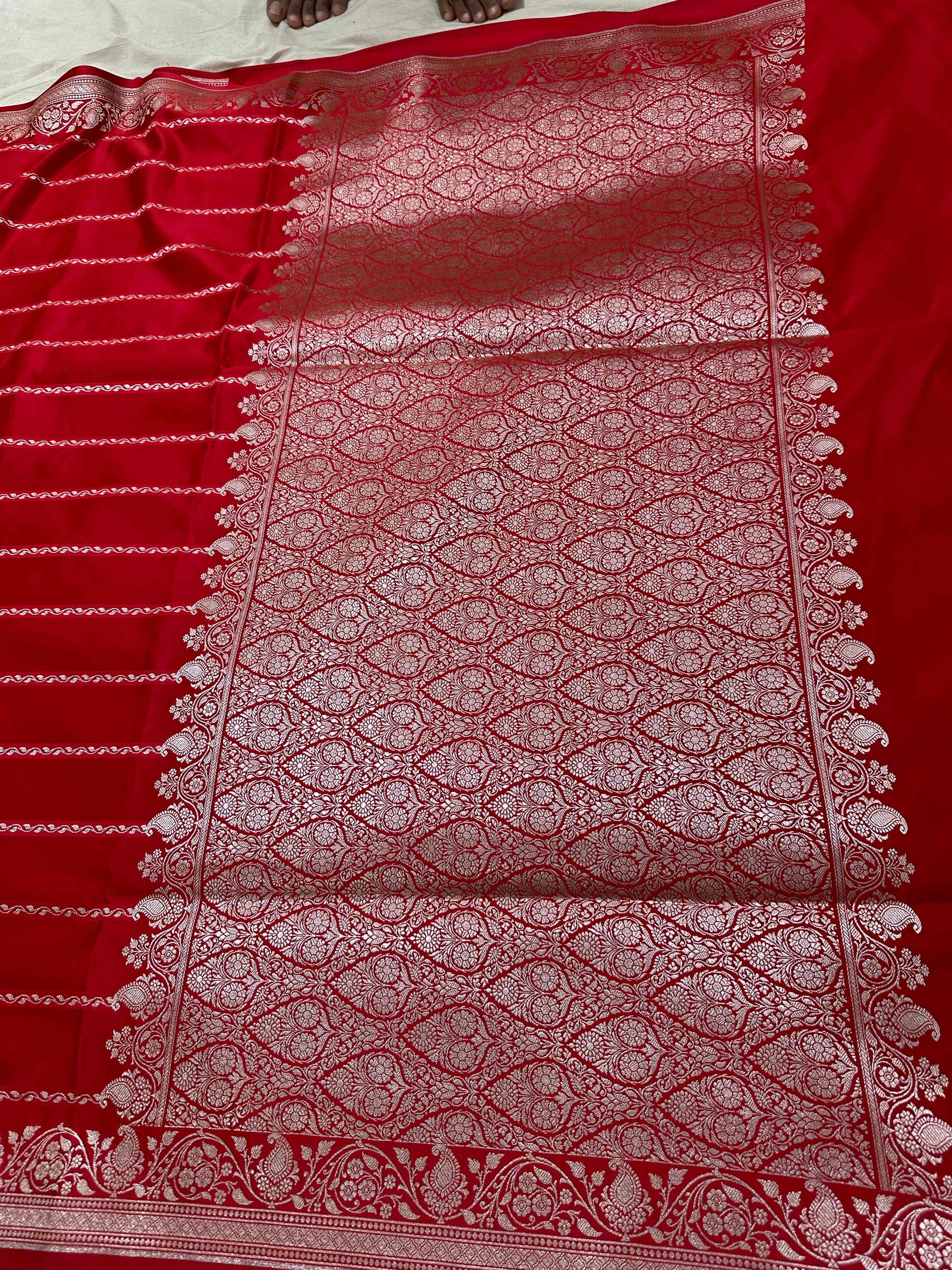 Red Mashru Silk Stripe Design Zari Border Brocade Aanchal Saree