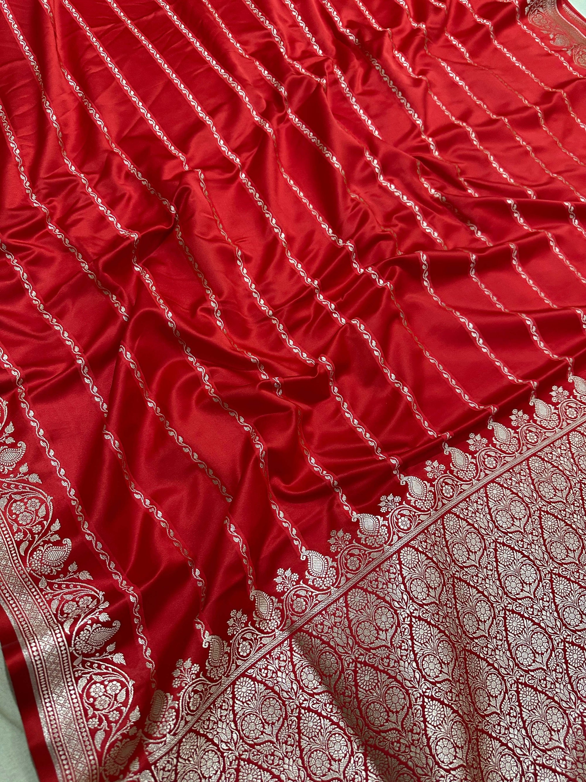 Red Mashru Silk Stripe Design Zari Border Brocade Aanchal Saree