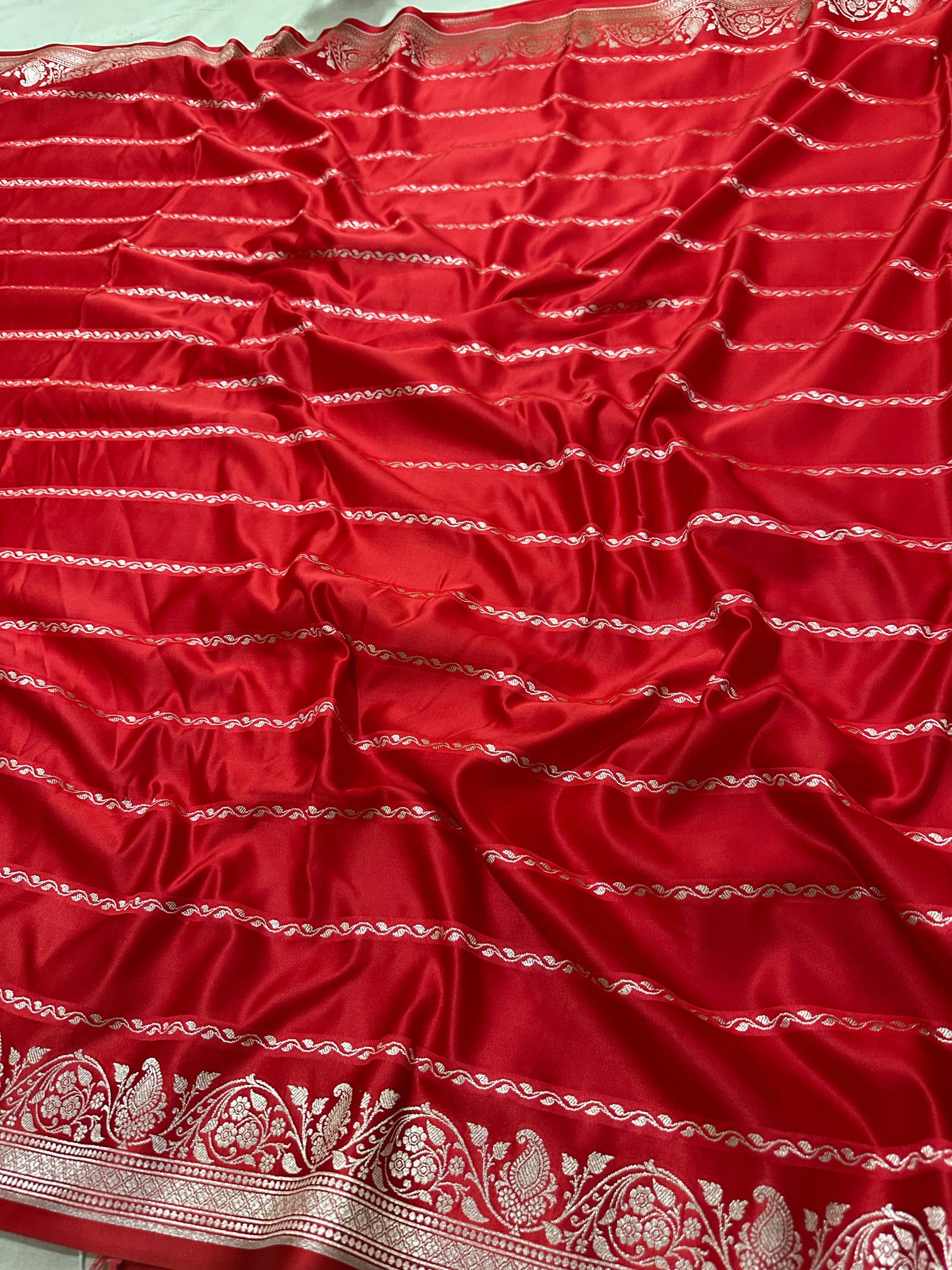 Red Mashru Silk Stripe Design Zari Border Brocade Aanchal Saree