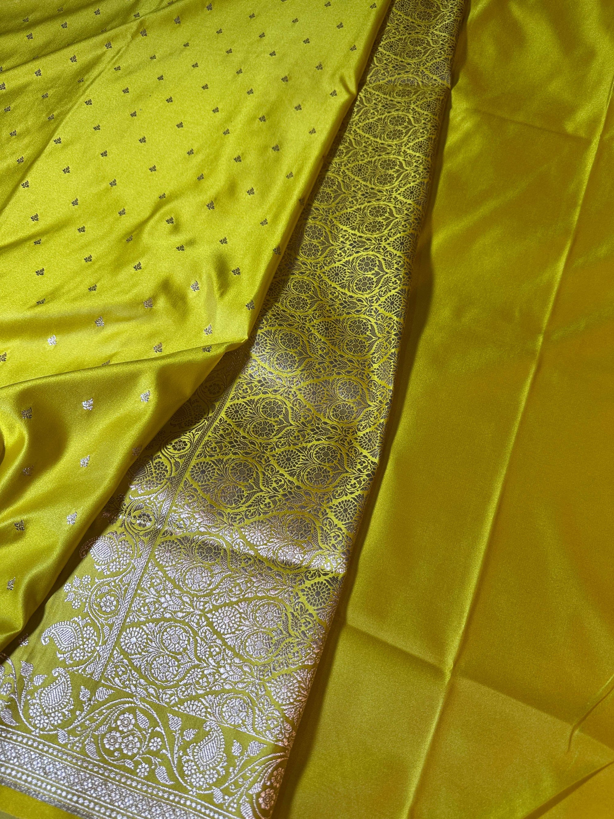 Lemon Mashru Silk Banarasi Zari Border Brocad Aanchal Booti Saree