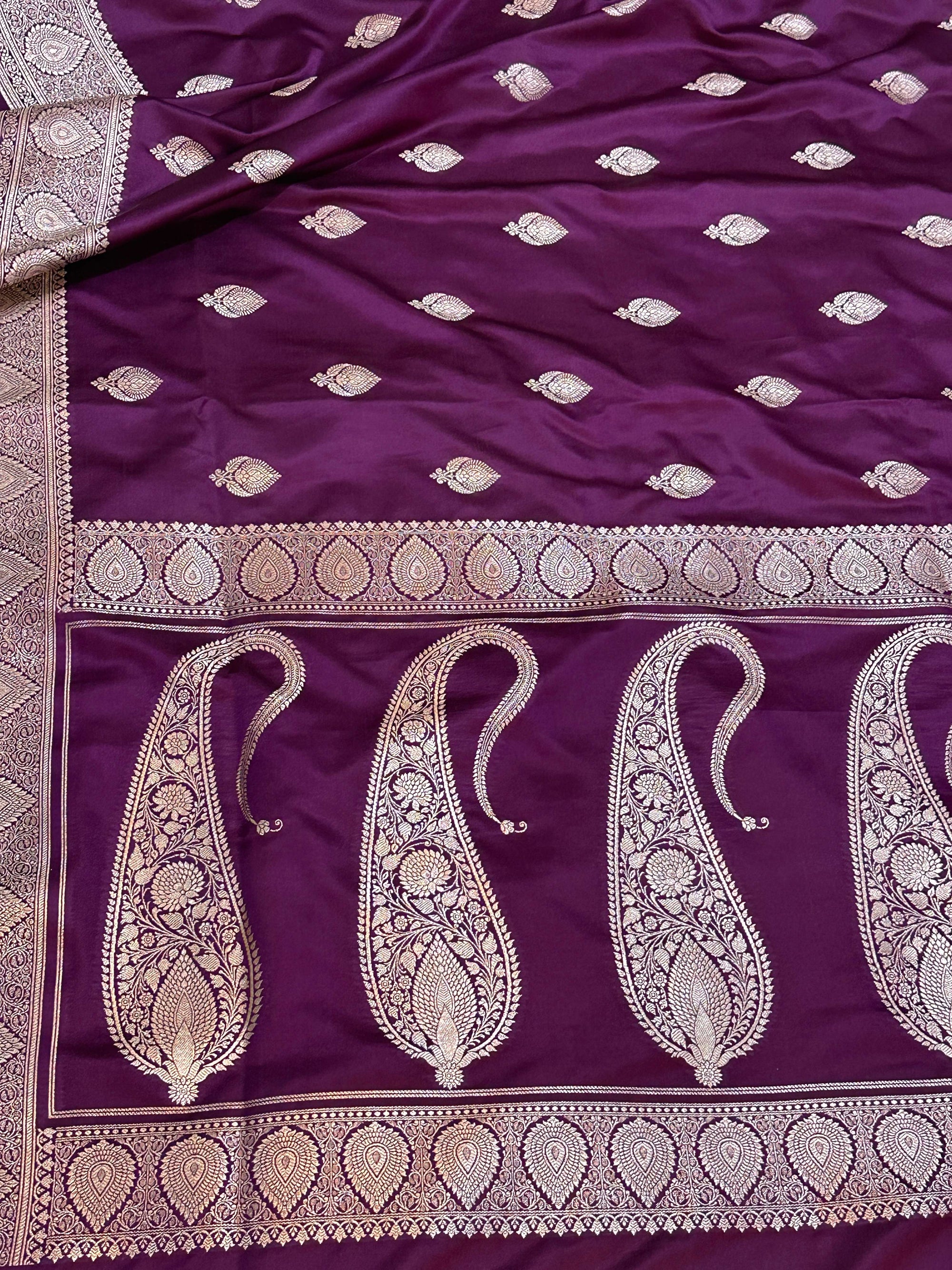 Wine Mashru Silk Banarasi Zari Border Carry Aanchal Booti Saree