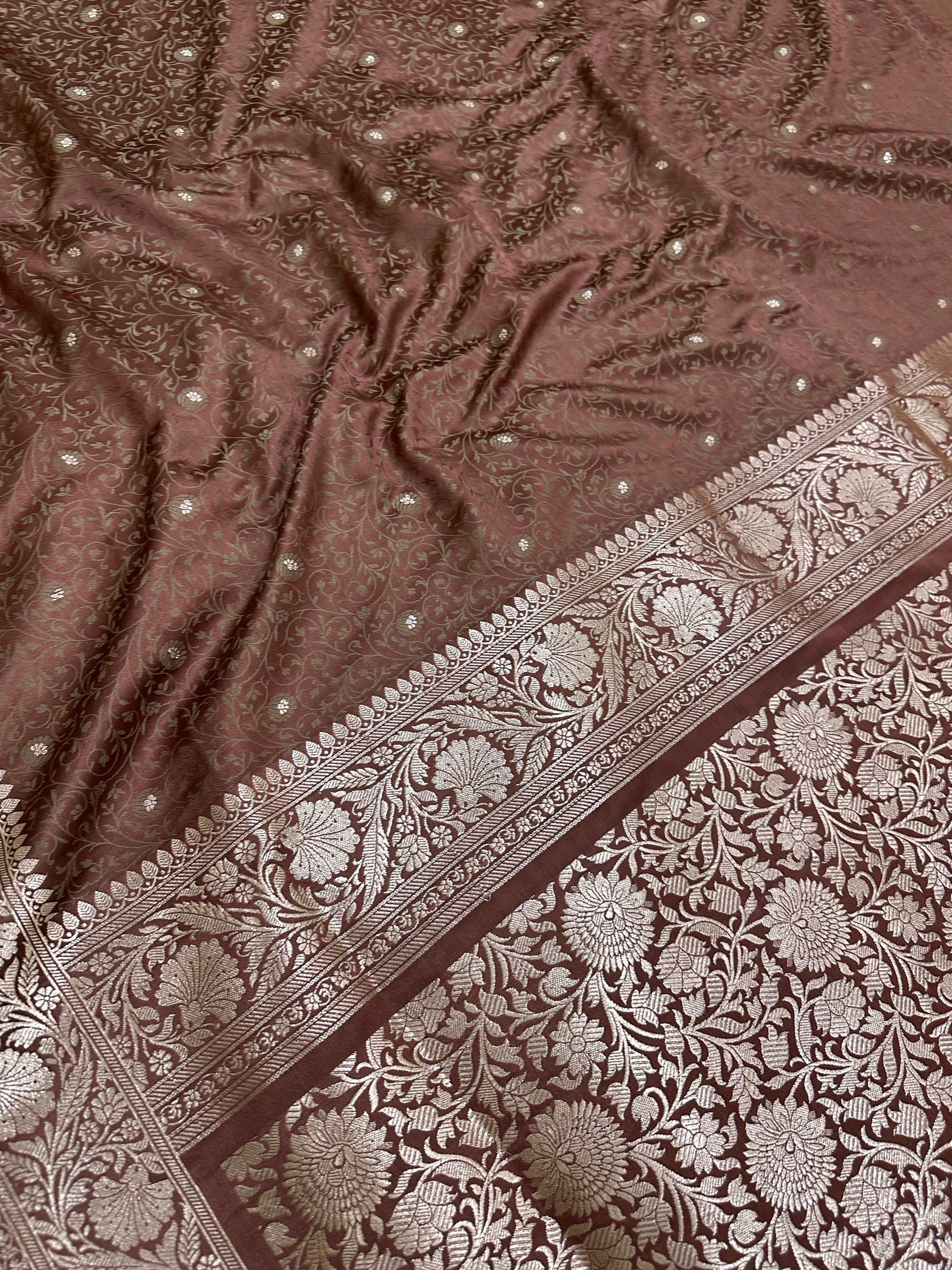 Brown Mashru Silk Tanchhoi Banarasi Zari Border Brocade Aanchal Saree