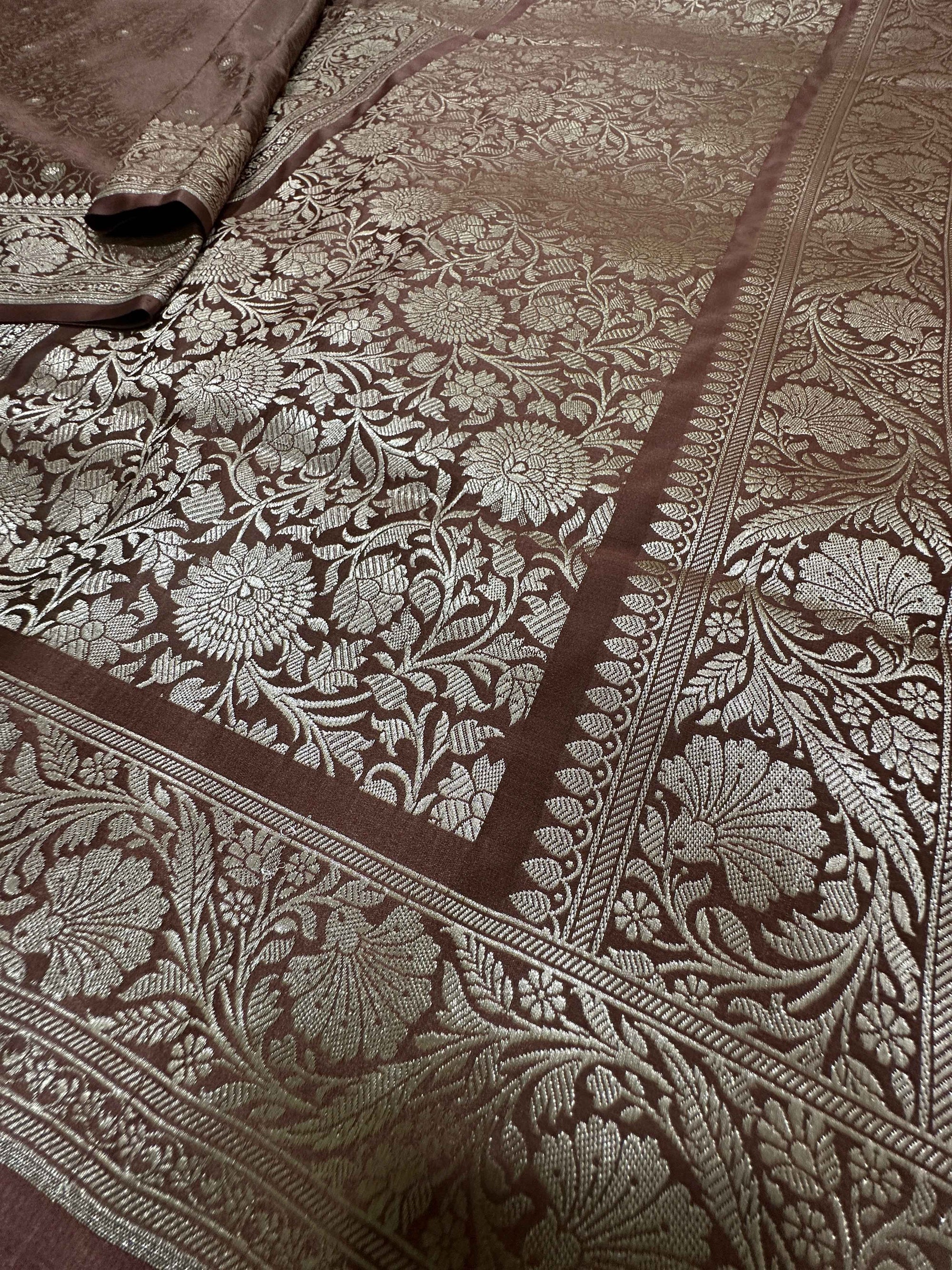 Brown Mashru Silk Tanchhoi Banarasi Zari Border Brocade Aanchal Saree