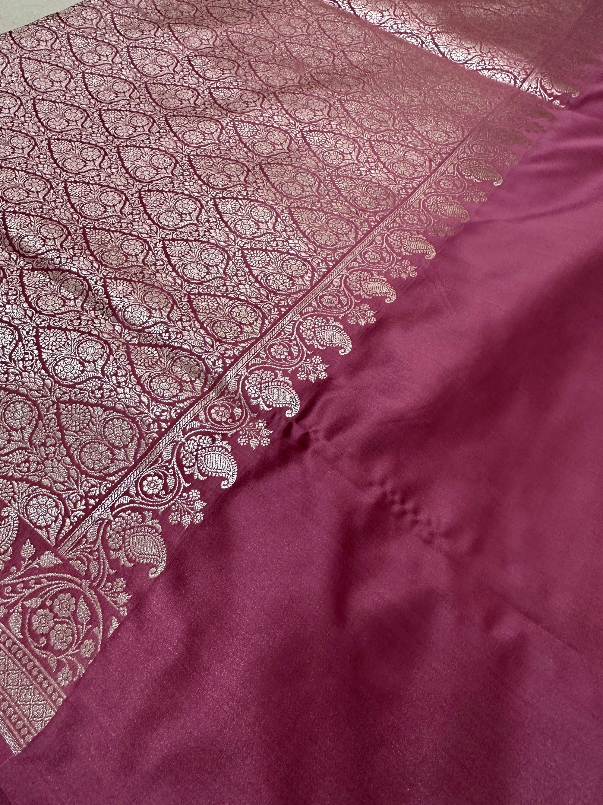Wine Mashru Silk Vertical Stripe Design Zari Border Brocade Aanchal Saree