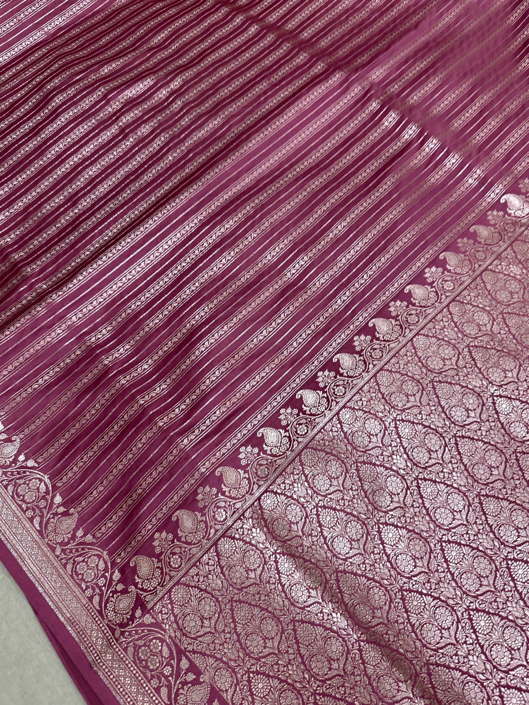 Wine Mashru Silk Vertical Stripe Design Zari Border Brocade Aanchal Saree