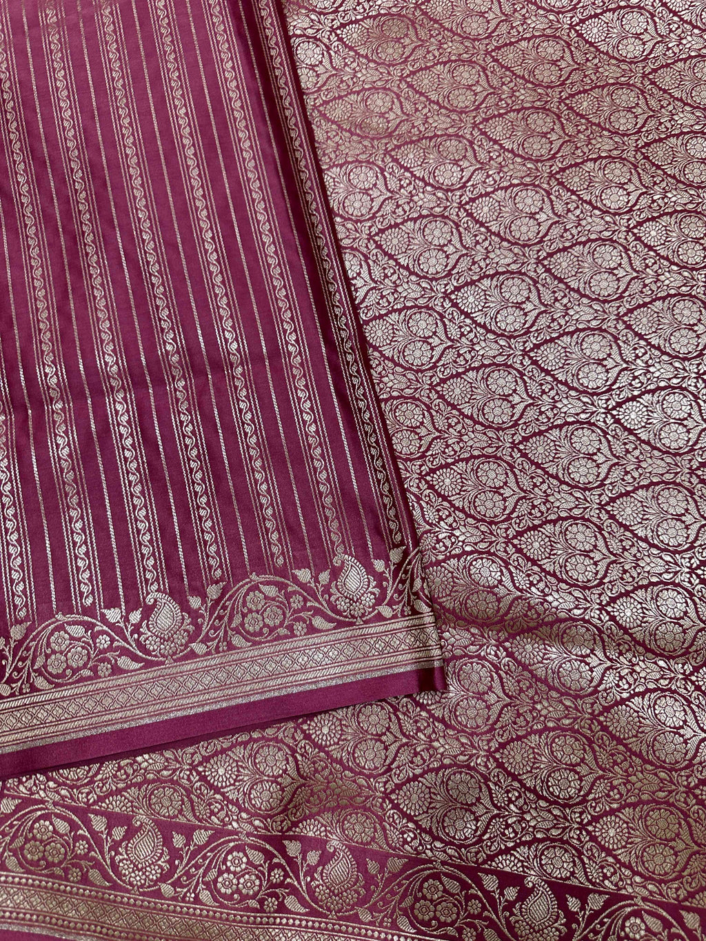 Wine Mashru Silk Vertical Stripe Design Zari Border Brocade Aanchal Saree